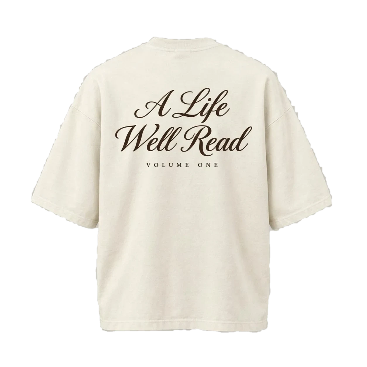 A Life Well Read cream oversized tee, back, with espresso script artwork