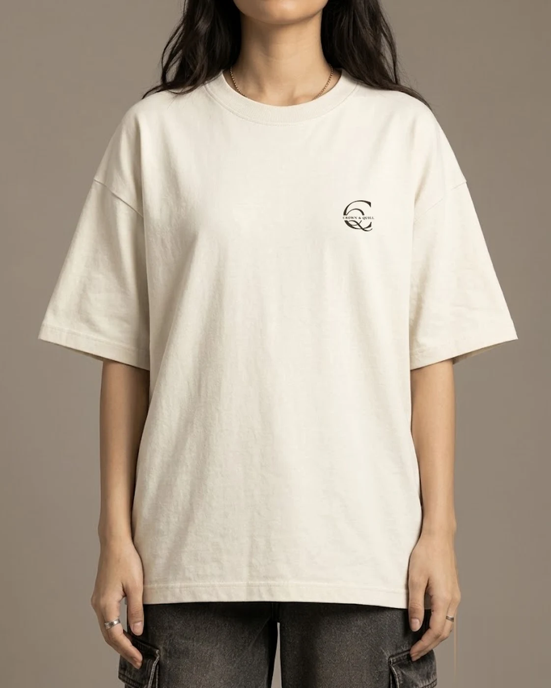 A Life Well Read cream oversized tee worn, front view, styled