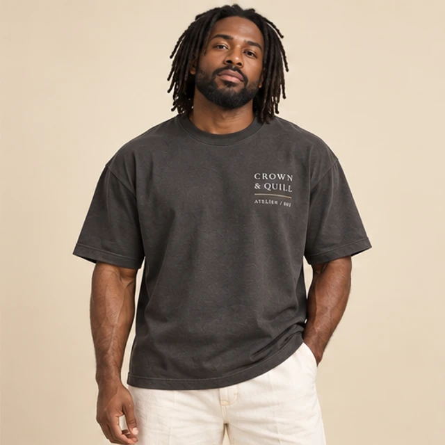 Male model 5 wearing the Atelier Charcoal Wordmark T-Shirt