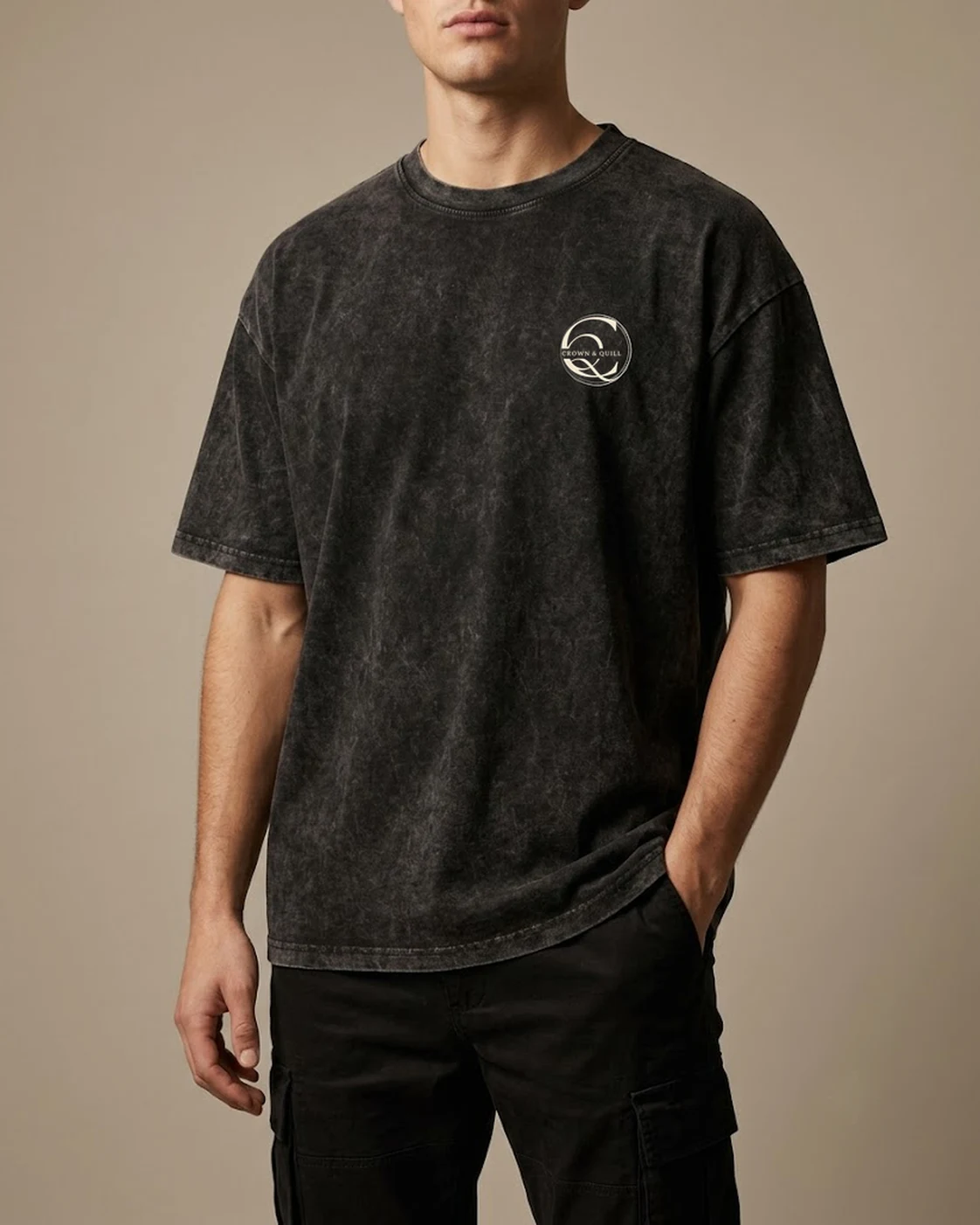 Between the Lines acid-wash black oversized tee worn, front view