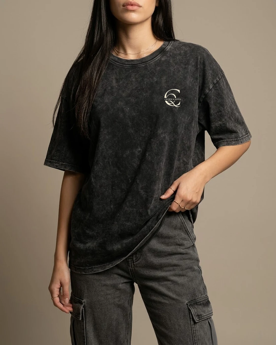 Between the Lines acid-wash black oversized tee worn, front view, styled