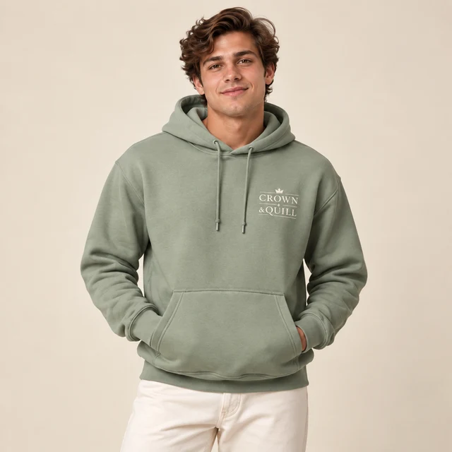 Male model 4 wearing the Drift Sage Wordmark Hoodie