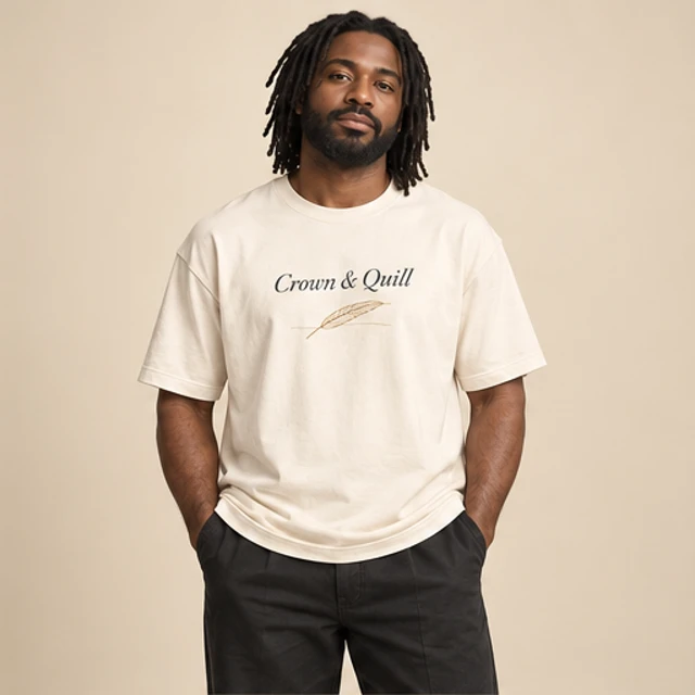 Male model 5 wearing the Edition Ivory Script T-Shirt