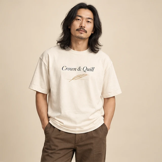 Male model 6 wearing the Edition Ivory Script T-Shirt