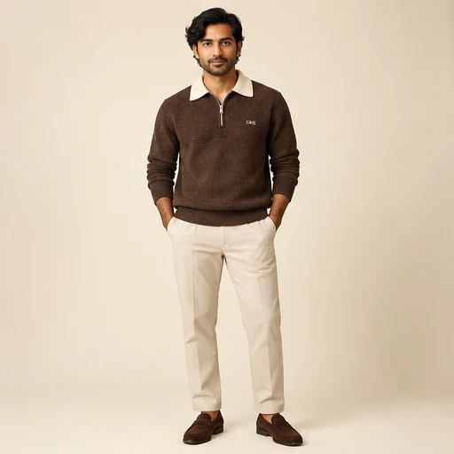 male model 1 wearing the Study Chocolate Half-Zip Polo design concept