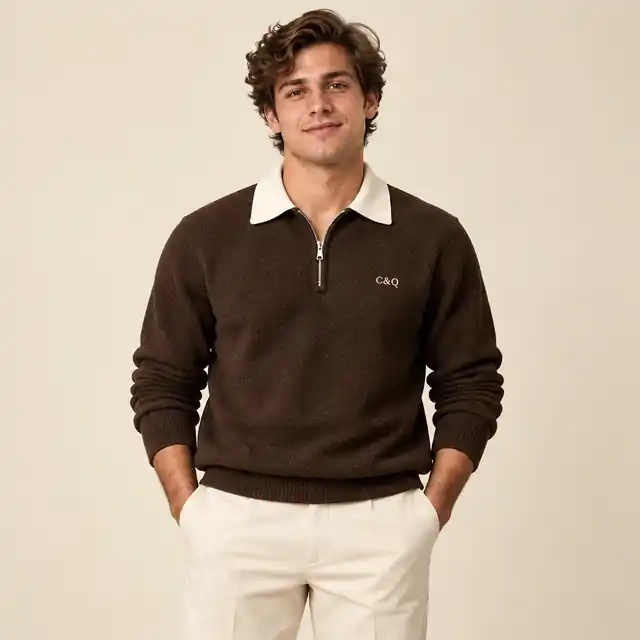 Male model 4 wearing the Study Chocolate Half-Zip Polo