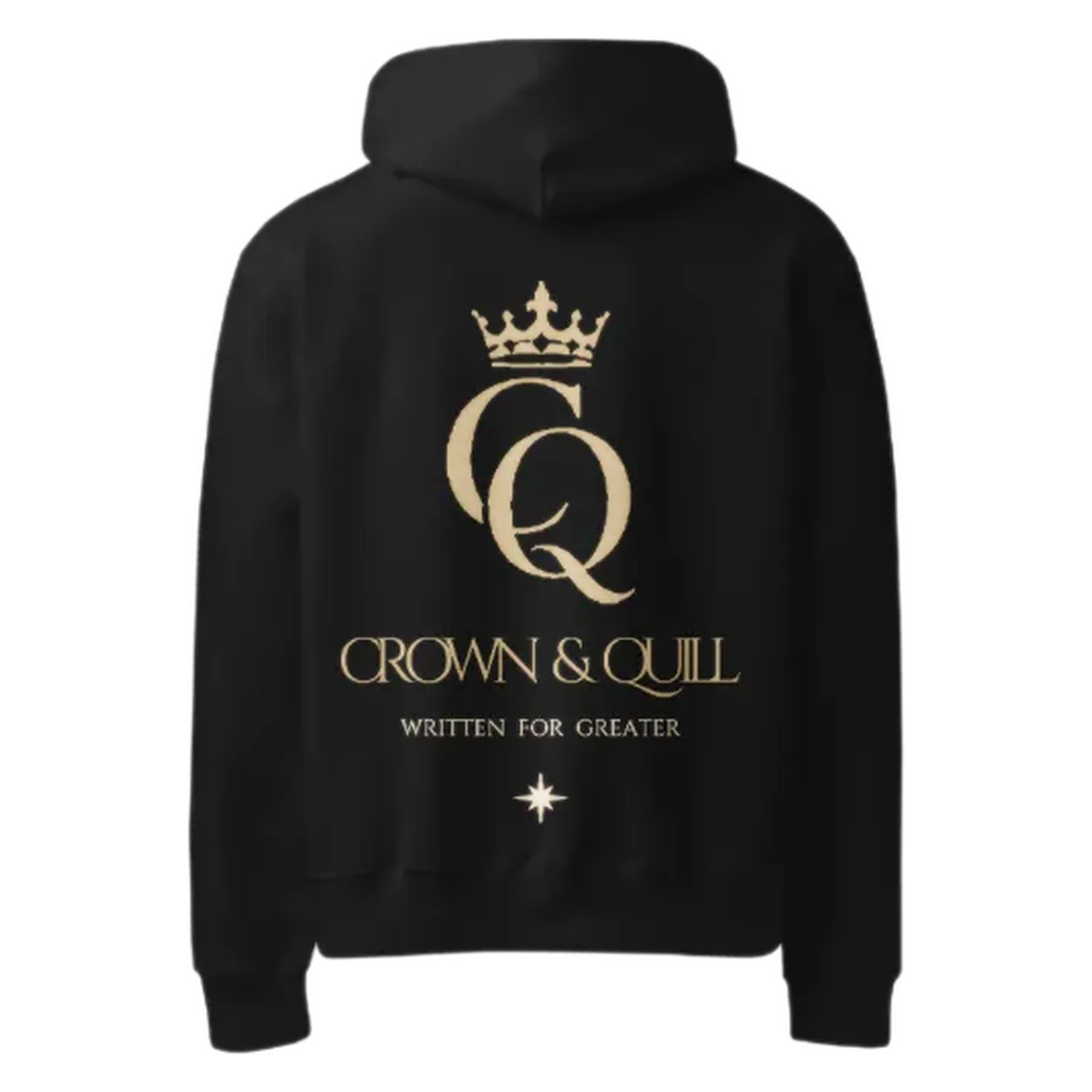 Monogram hoodie, back with the full Crown & Quill monogram artwork in champagne