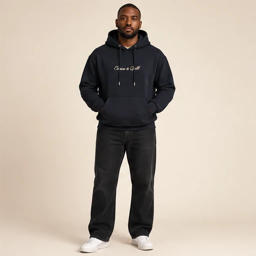 male model 2 wearing the Nocturne Ink Script Hoodie design concept
