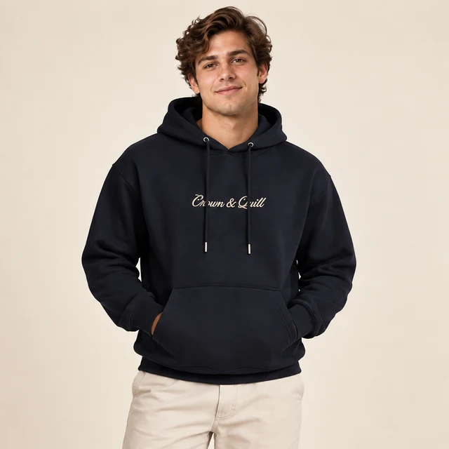 Male model 4 wearing the Nocturne Ink Script Hoodie
