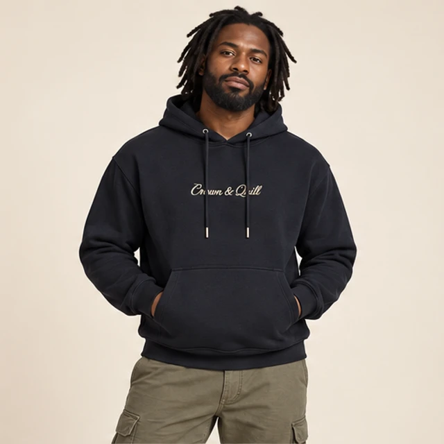 Male model 5 wearing the Nocturne Ink Script Hoodie