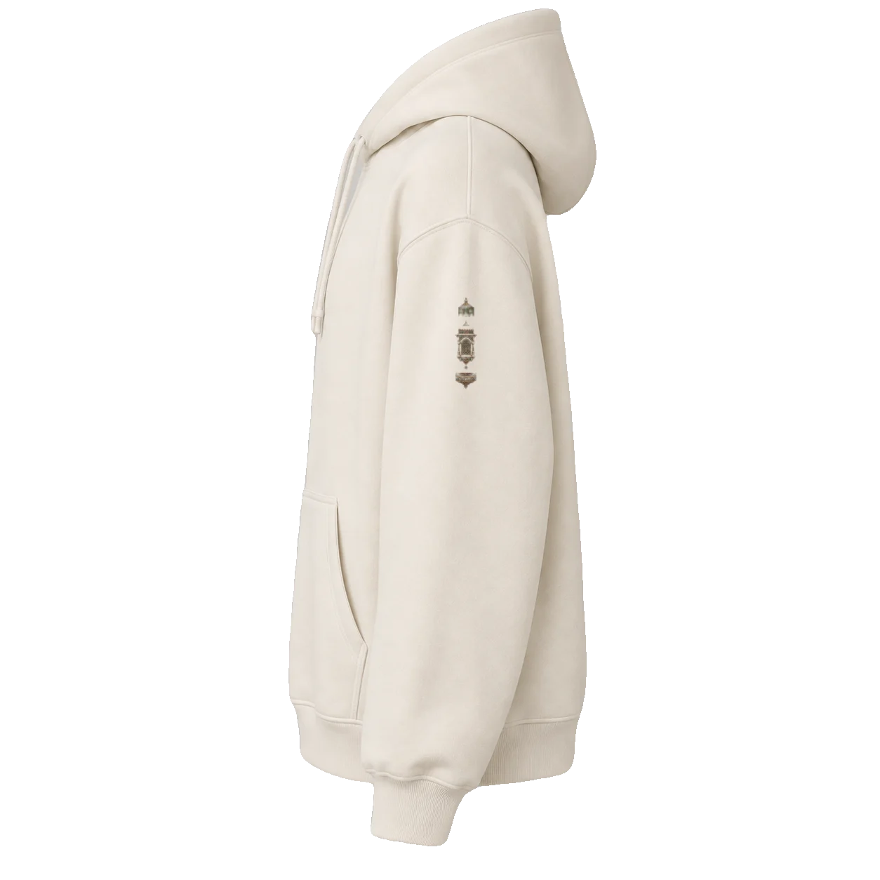 Prologue hoodie, left sleeve with stacked tower marks