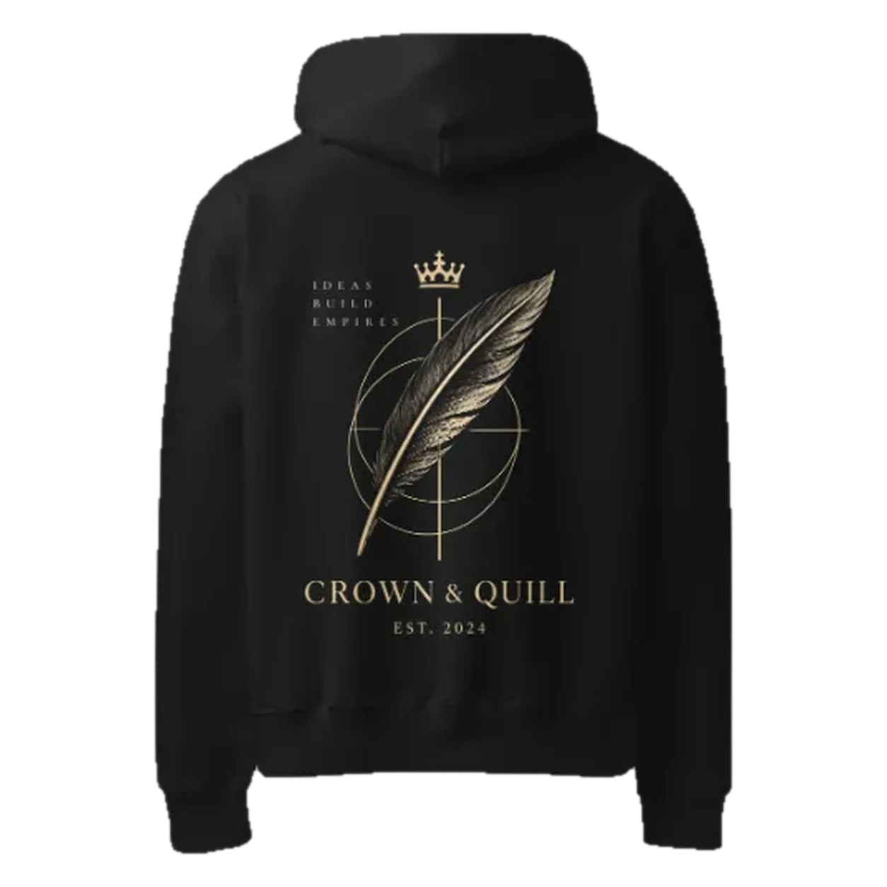 Quill hoodie, back with the full champagne quill feather and orbit rings artwork