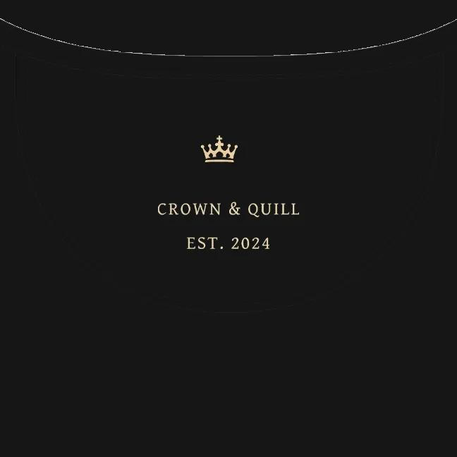 Quill hoodie, neck label with champagne crown, CROWN and QUILL wordmark and EST. 2024