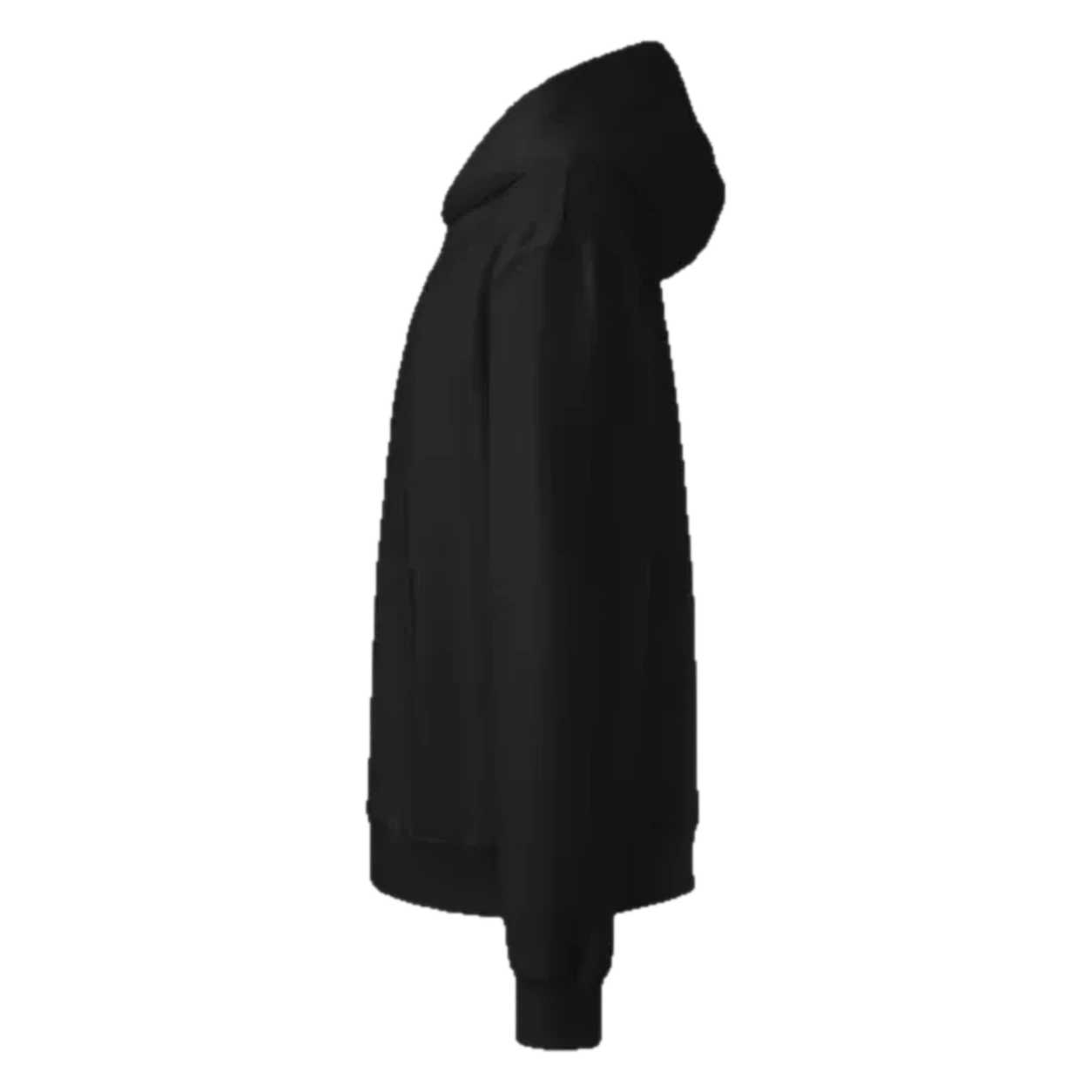 Quill hoodie, side profile with the hood and drop-shoulder silhouette