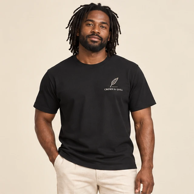 Male model 5 wearing the Sable Black Quill T-Shirt