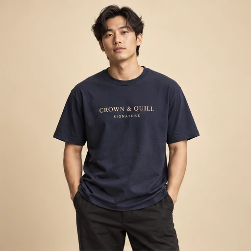 male model 3 wearing the Signature Navy Wordmark T-Shirt design concept
