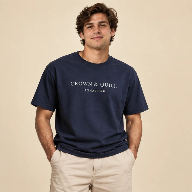 Male model 4 wearing the Signature Navy Wordmark T-Shirt