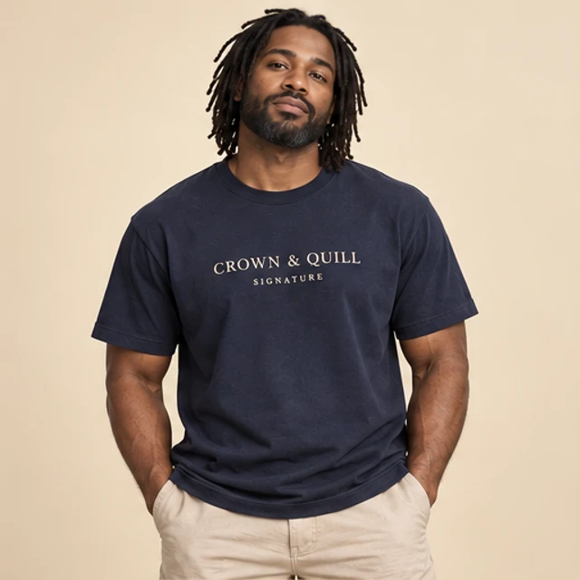 Male model 5 wearing the Signature Navy Wordmark T-Shirt