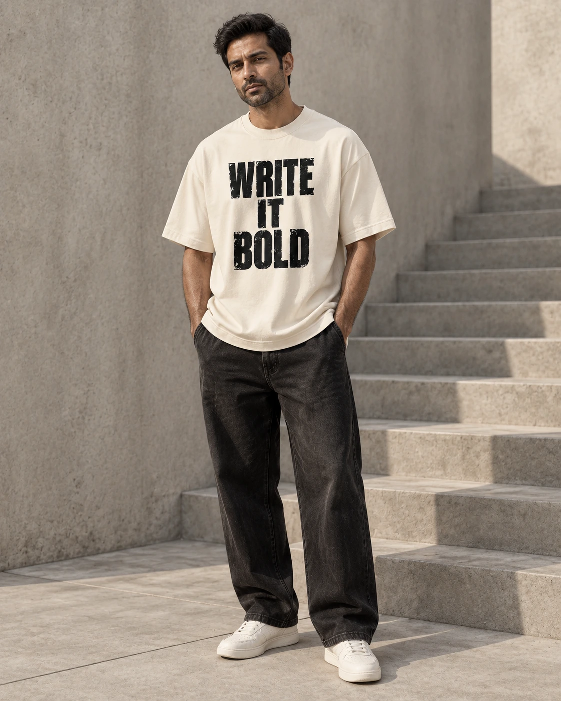 male model 3 wearing the Write It Bold T-shirt